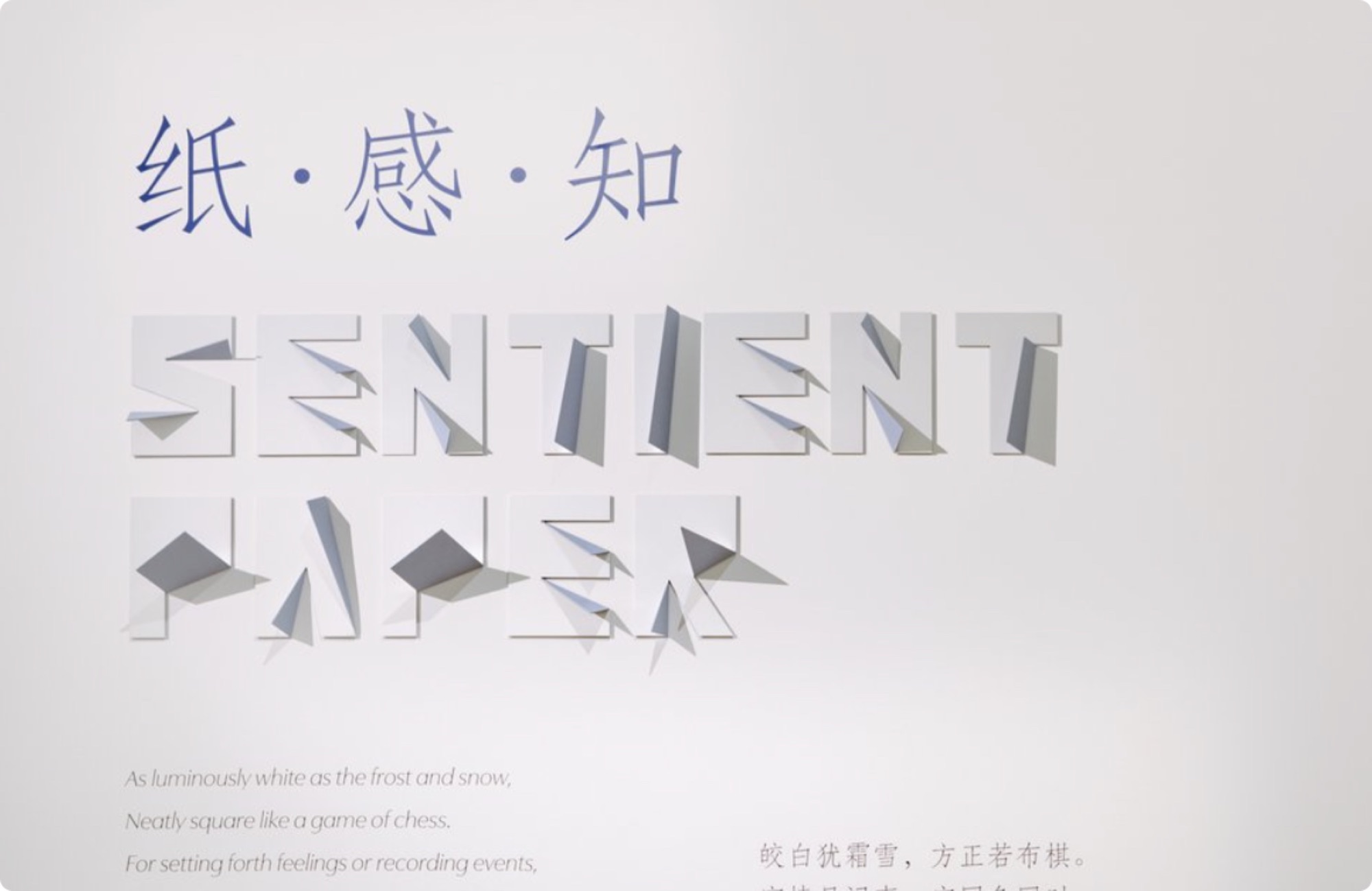 Close view of folded dimensional Sentient Paper title lettering and bilingual interpretation.